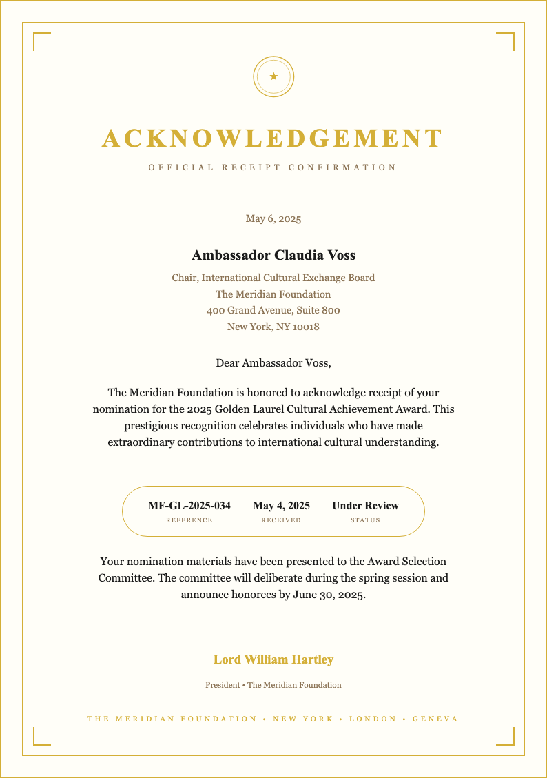 Certificate award acknowledgement letter